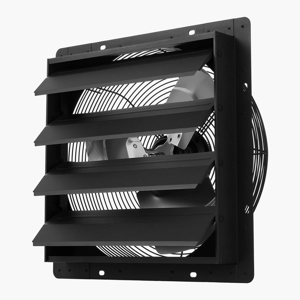 Wall-mounted shutter exhaust fan with side grille and louver shutters, black.