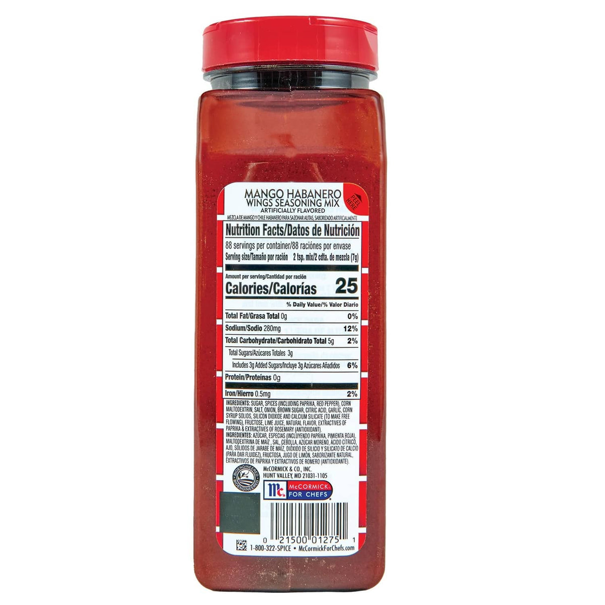 Lawry's Mango Habanero Wings Seasoning Mix bottle back panel with nutrition facts