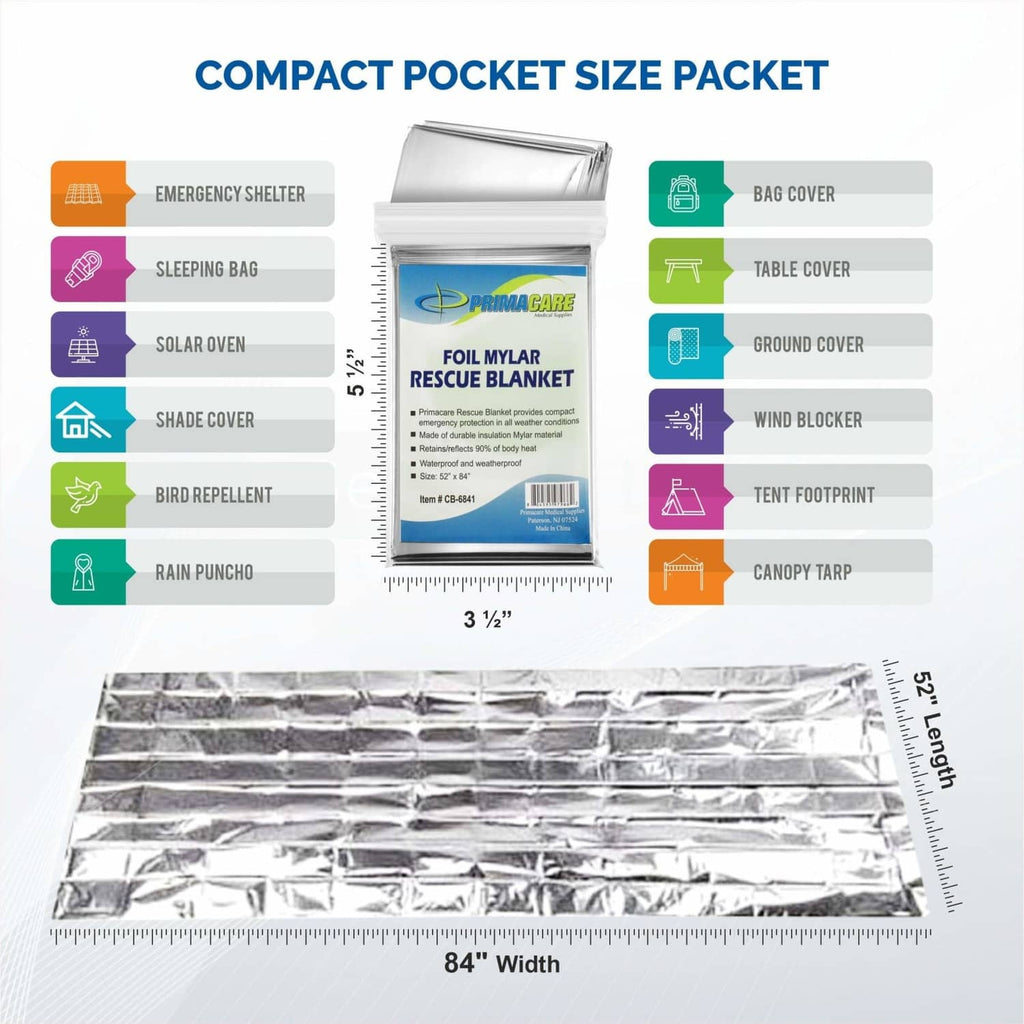 Silver foil mylar rescue blanket, rectangular 84 in x 52 in size