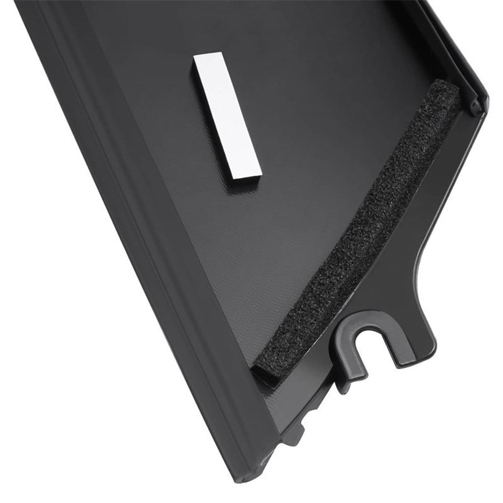 Windshield pillar trim molding showing textured sound-dampening area and metal tab