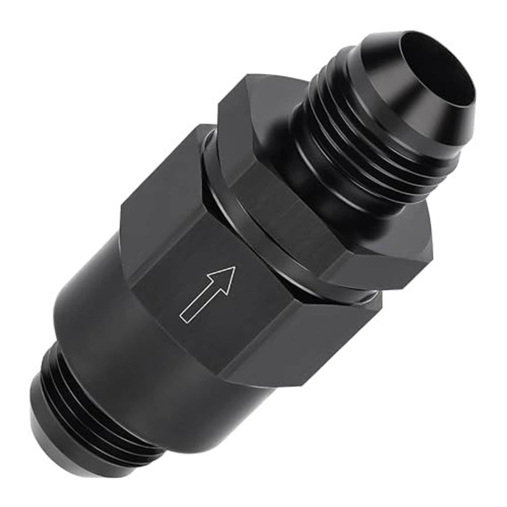 Black 10AN male one-way check valve fitting with knurled grip and hex body