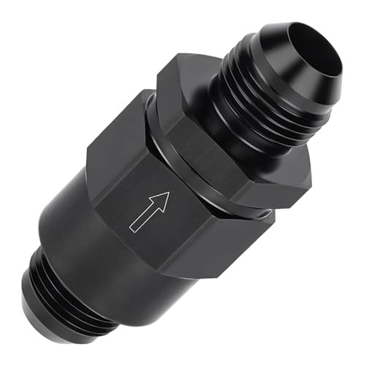 Black 10AN male one-way check valve fitting with knurled grip and hex body