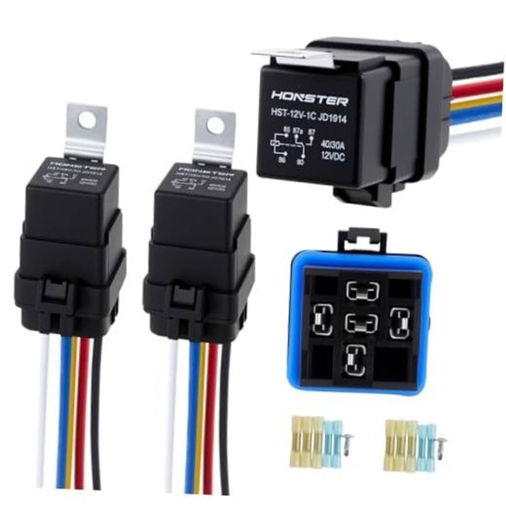 5-pin relay socket with two-piece heavy-duty harness, color-coded 12AWG wires