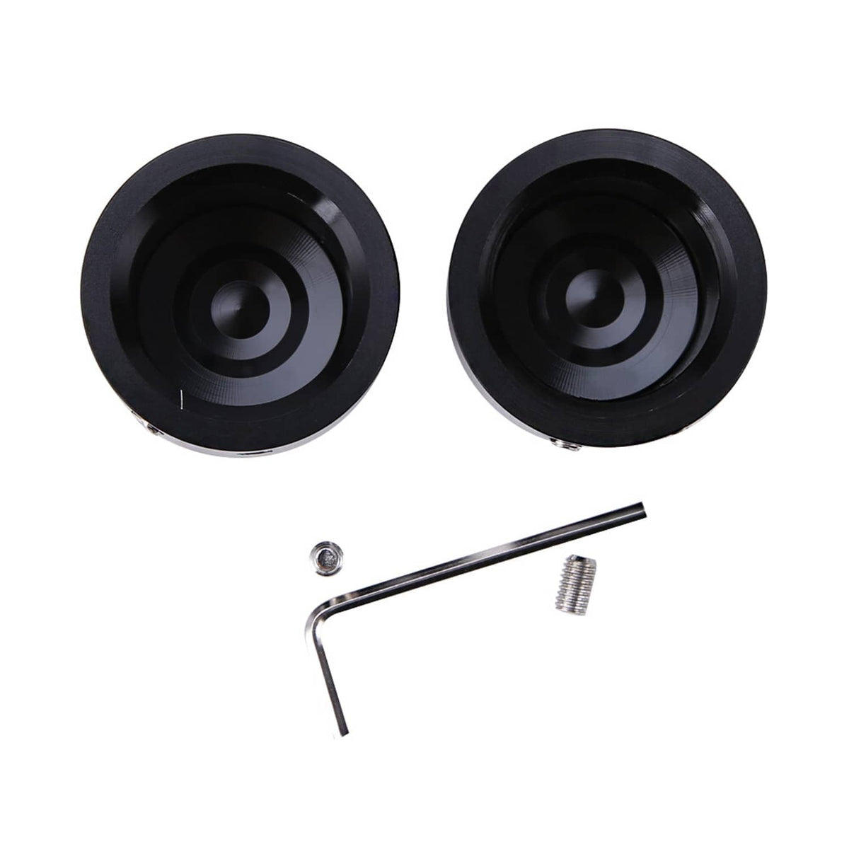 Black front axle cap nut covers with open bases, hex key, and bolt