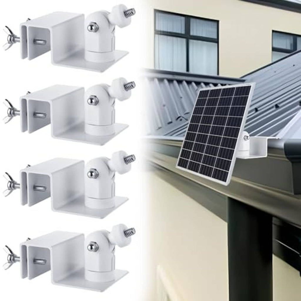 4-pack white solar panel gutter mount brackets mounted along a gutter edge