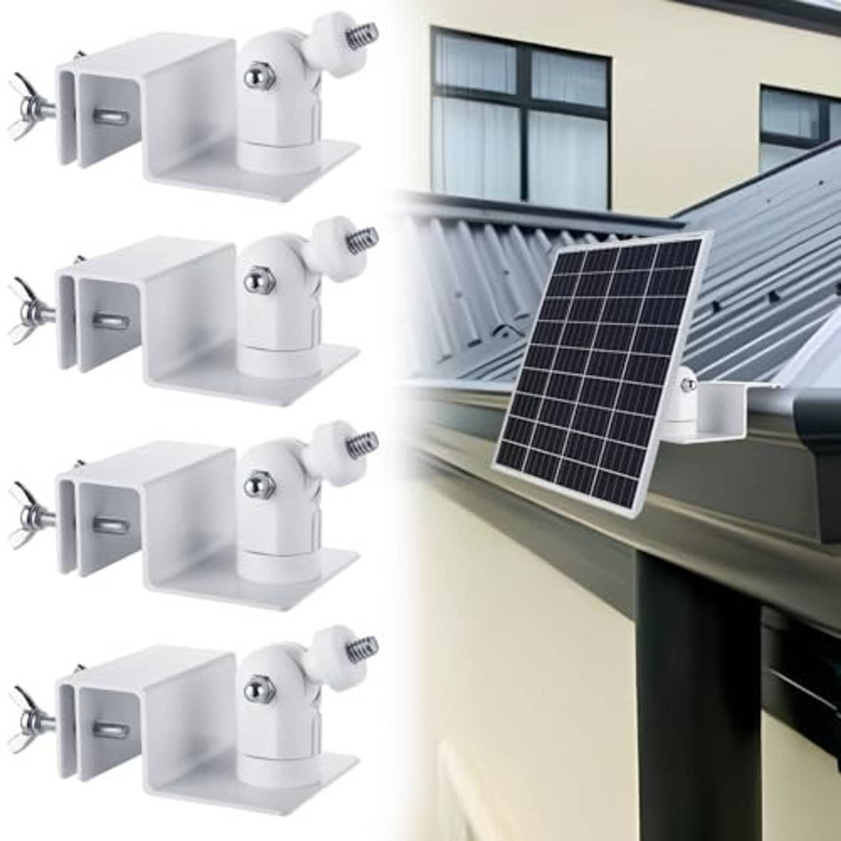4-pack white solar panel gutter mount brackets mounted along a gutter edge