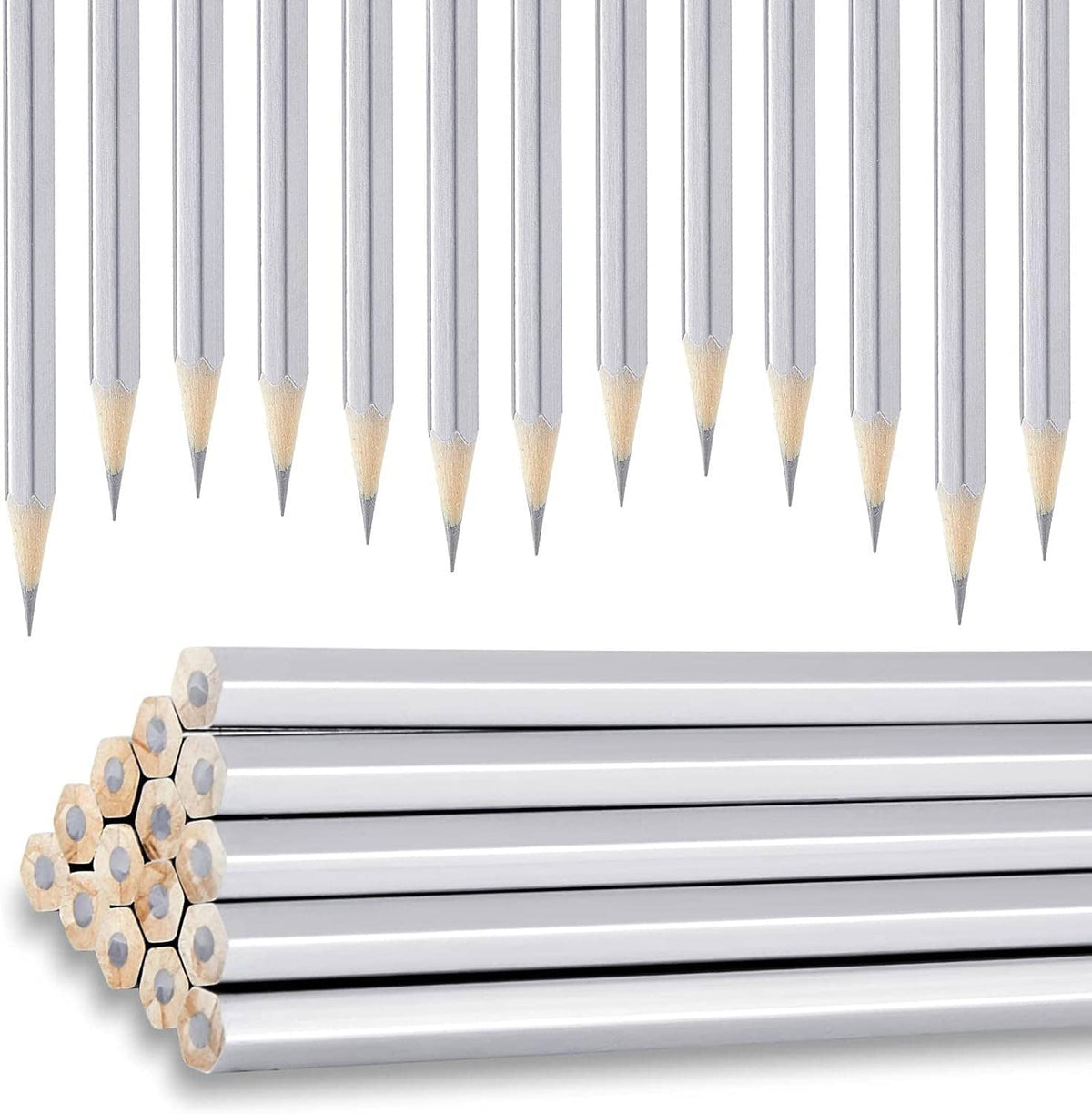 Metallic marking pencil set with silver barrels and pointed wooden tips, 24-pack.