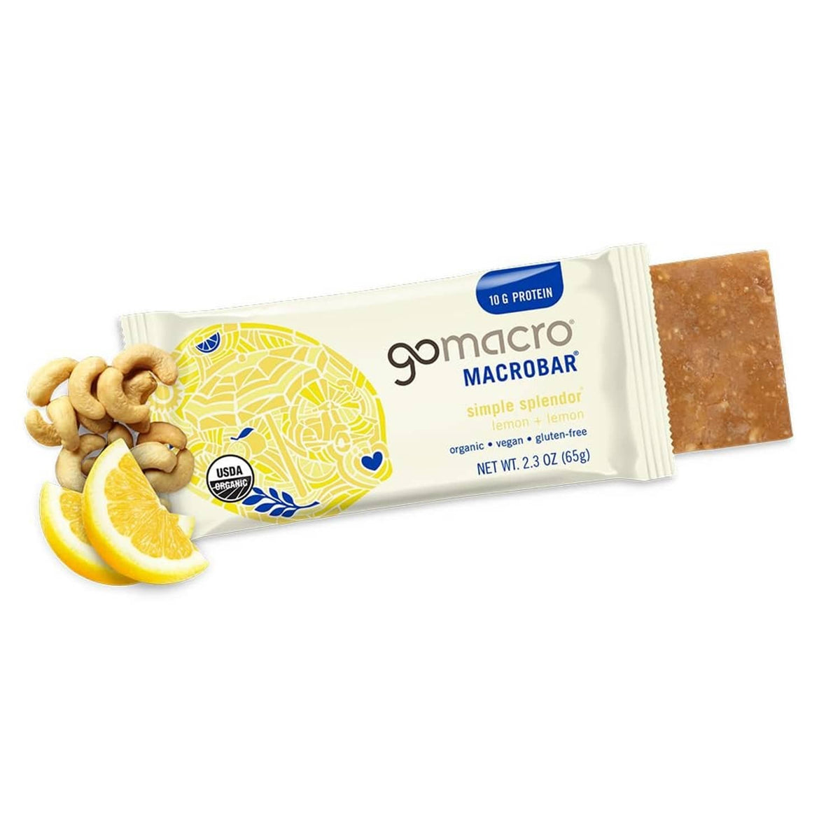 Gomacro Macrobars organic lemon protein bar wrapper with lemon and cashew illustrations