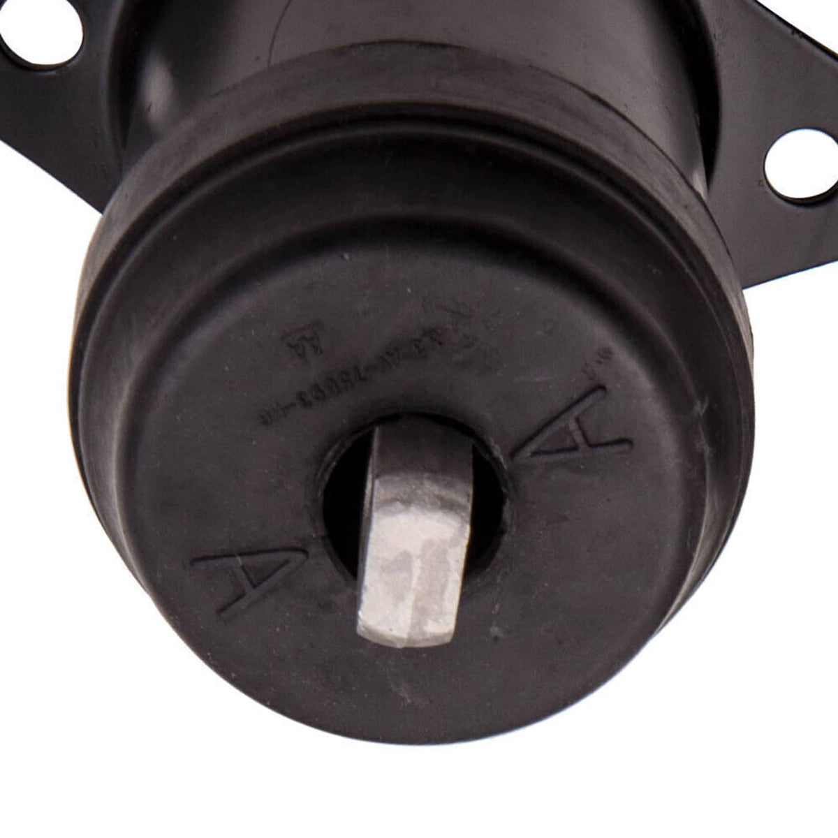 Close-up of black rubber bushing mount with metal connector tab