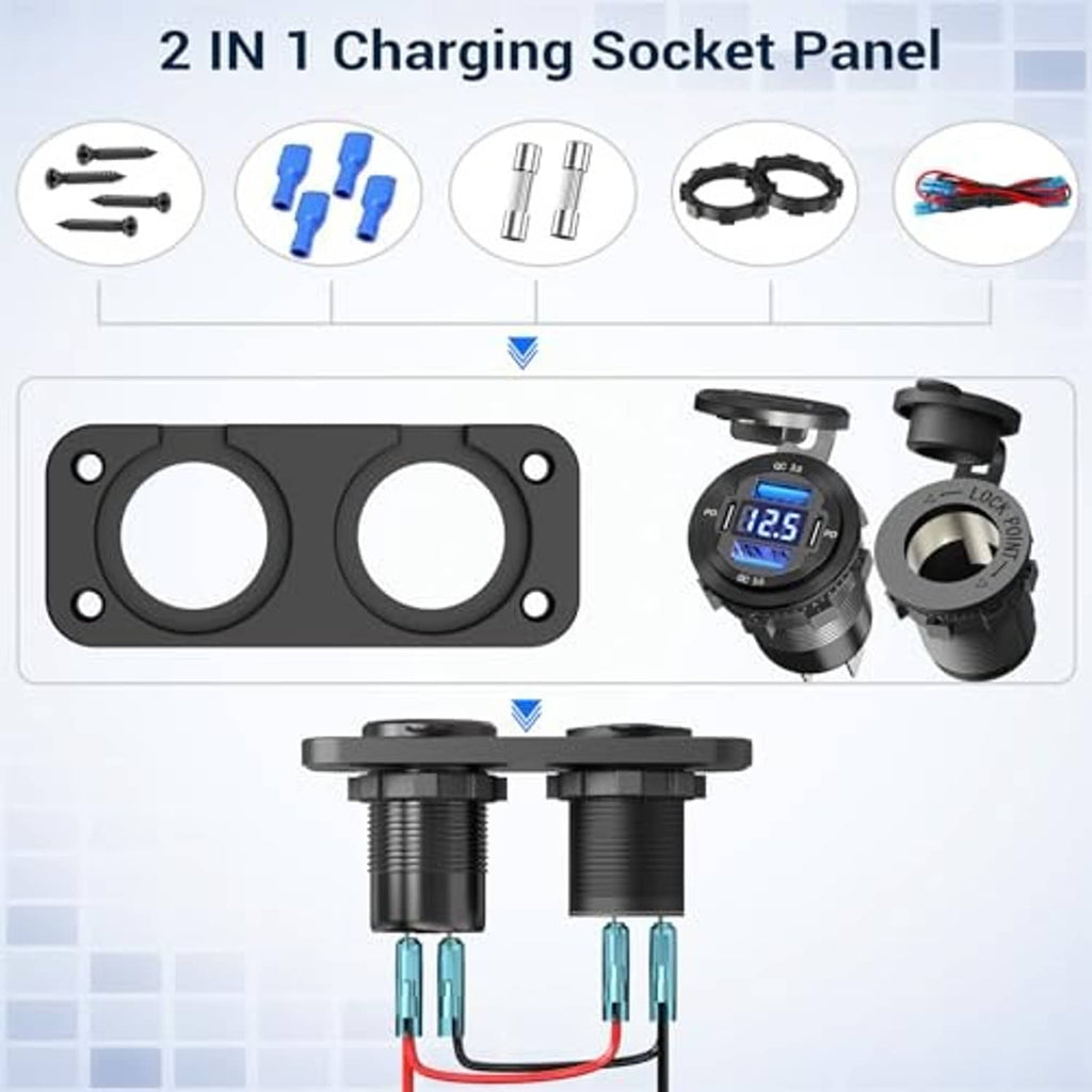 Black 2-port charging socket panel with mounting parts and accessory pieces