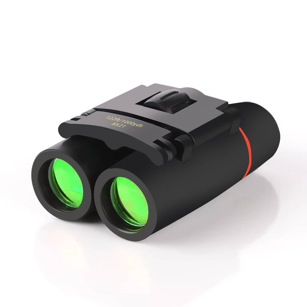 Compact black binoculars with dual green objective lenses and focusing wheel