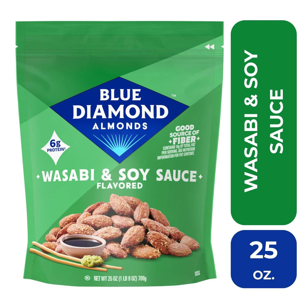 Wasabi & soy sauce flavored Blue Diamond almond snack bag with 25 oz size label