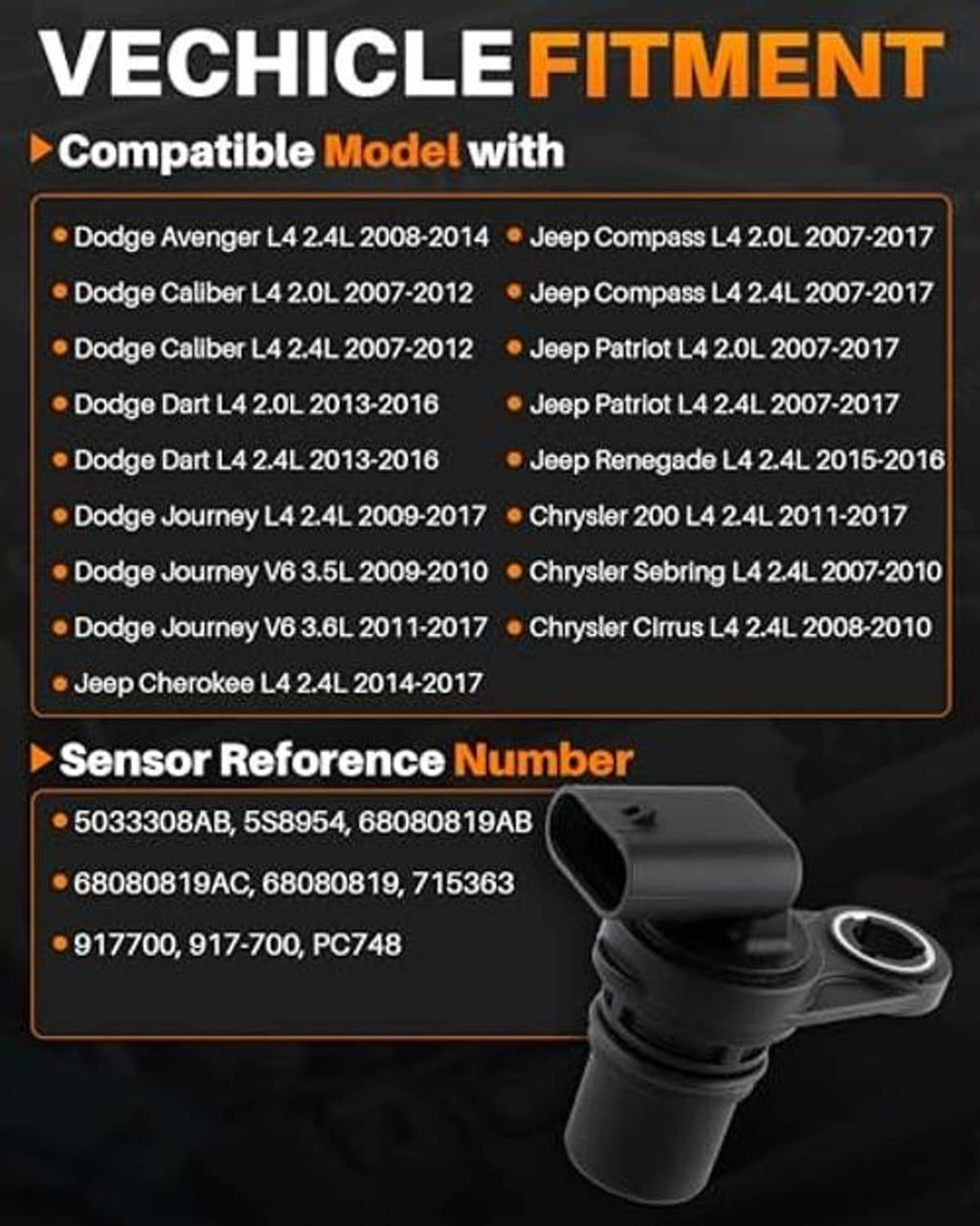 Black camshaft position sensor with electrical connector and highlighted reference number panel