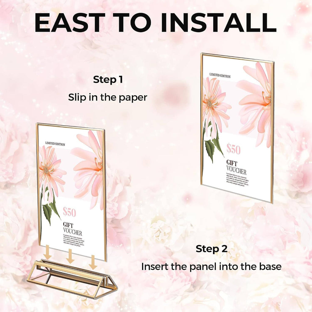 Gold 4x6 acrylic sign holder with paper slipped into the clear panel and base