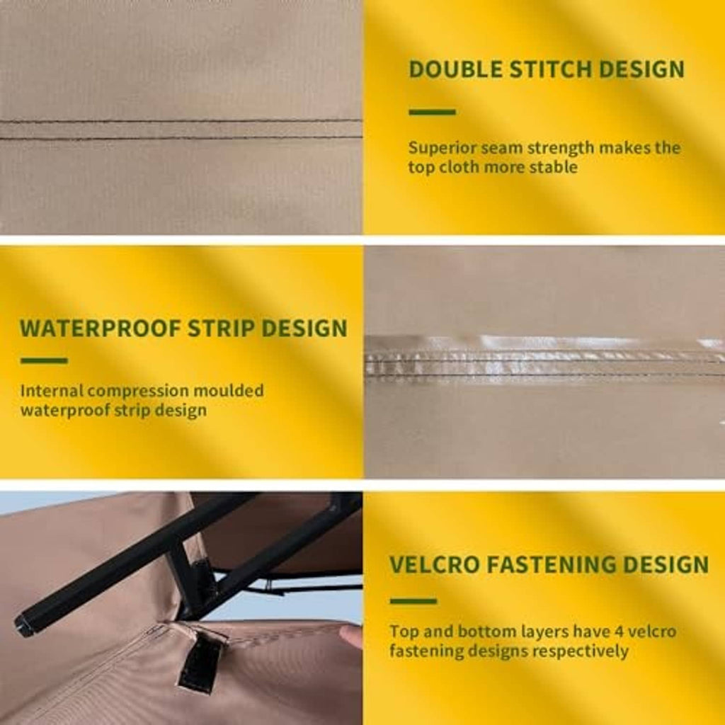 Khaki canopy fabric with double stitching and waterproof strip seam details
