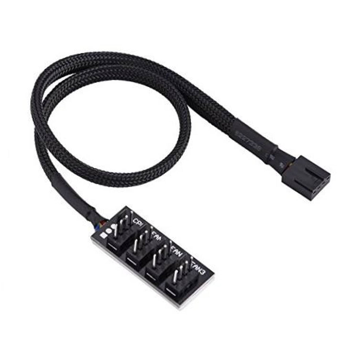 4-pin PWM fan hub adapter cable with black braided cord and multi-fan header board