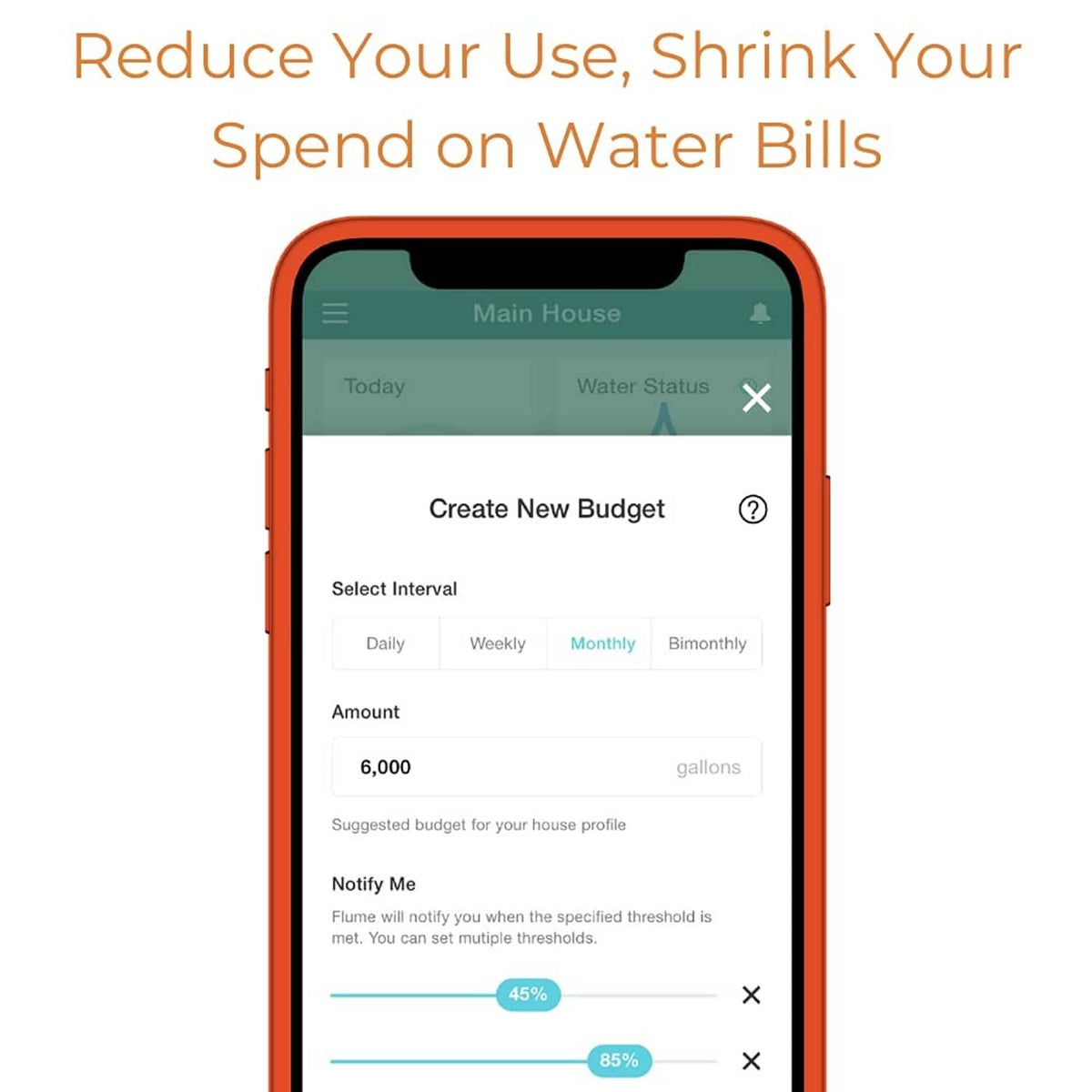 Smart water budget app on a phone showing create new budget and usage threshold
