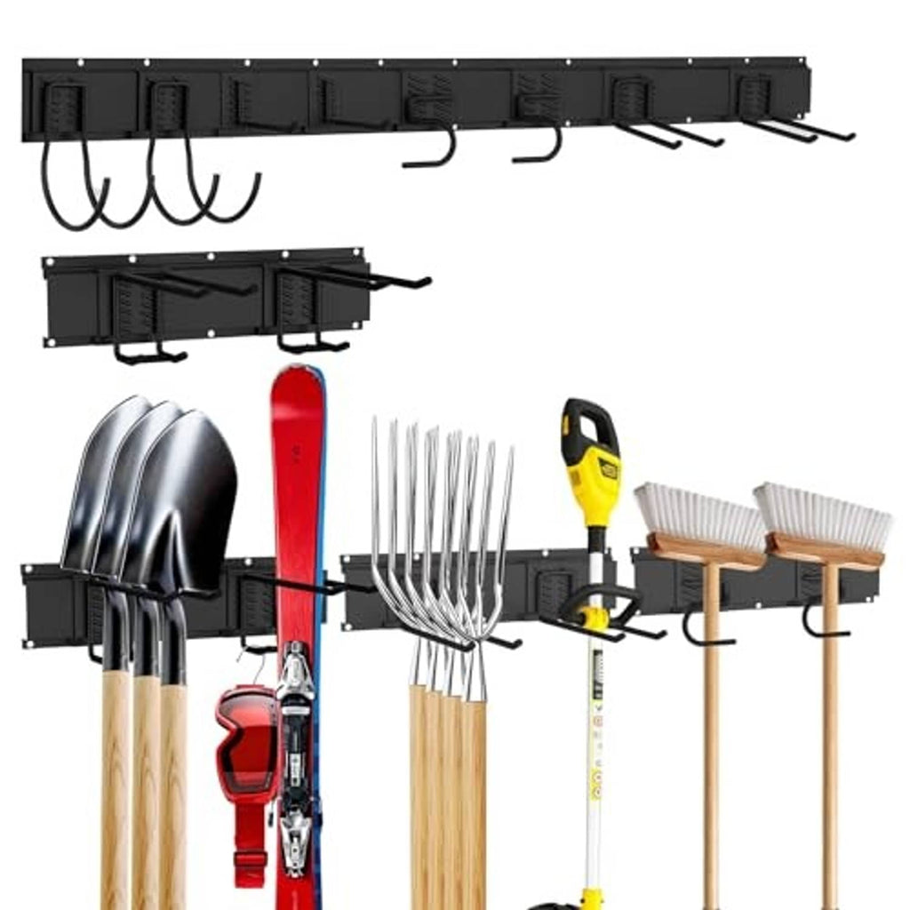 Wall-mount tool organizer system with black rail, curved hooks, and side holders