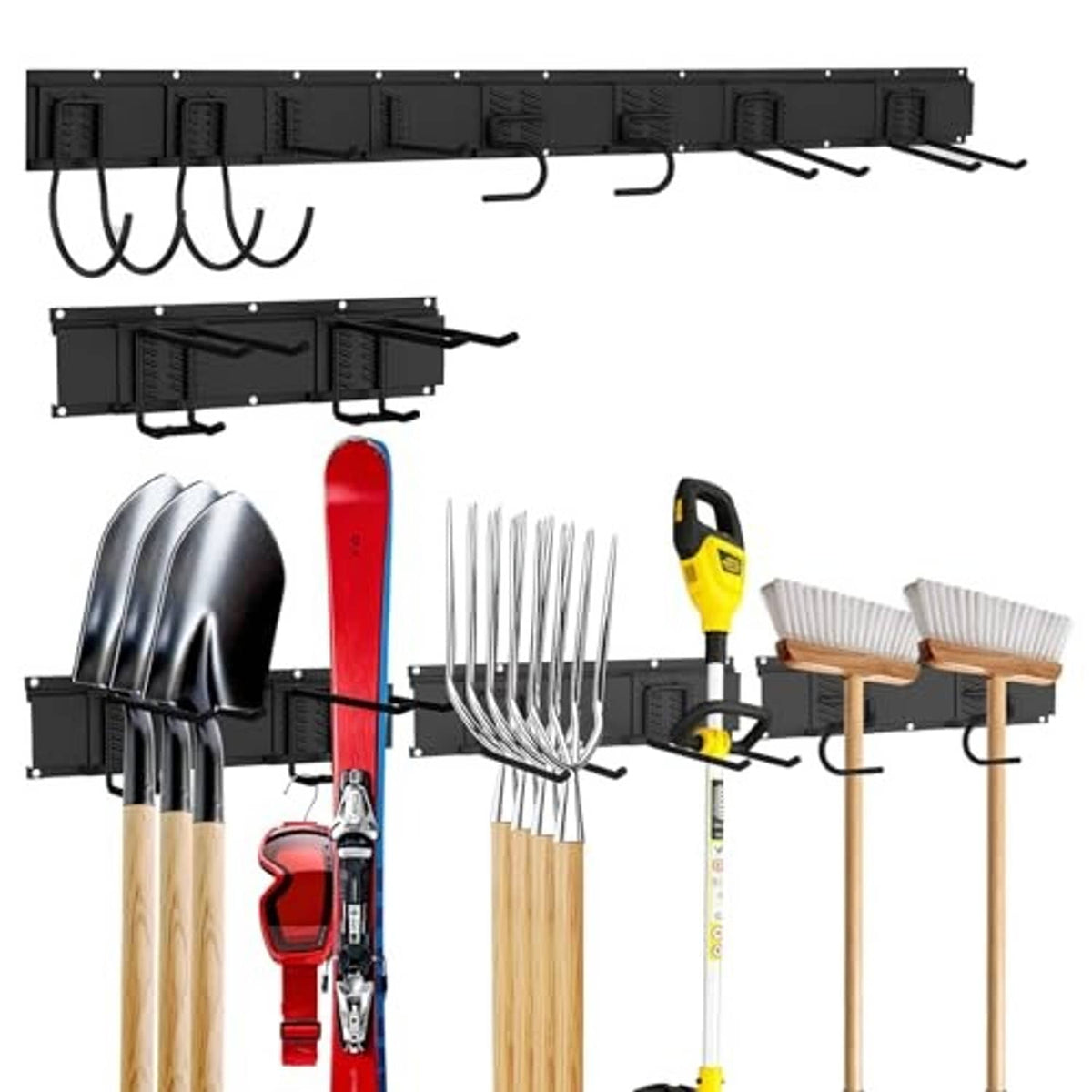 Wall-mount tool organizer system with black rail, curved hooks, and side holders