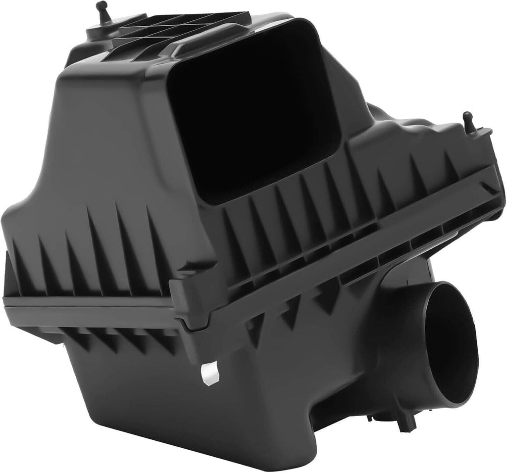 Air cleaner intake housing box, black plastic, close front view with large intake opening