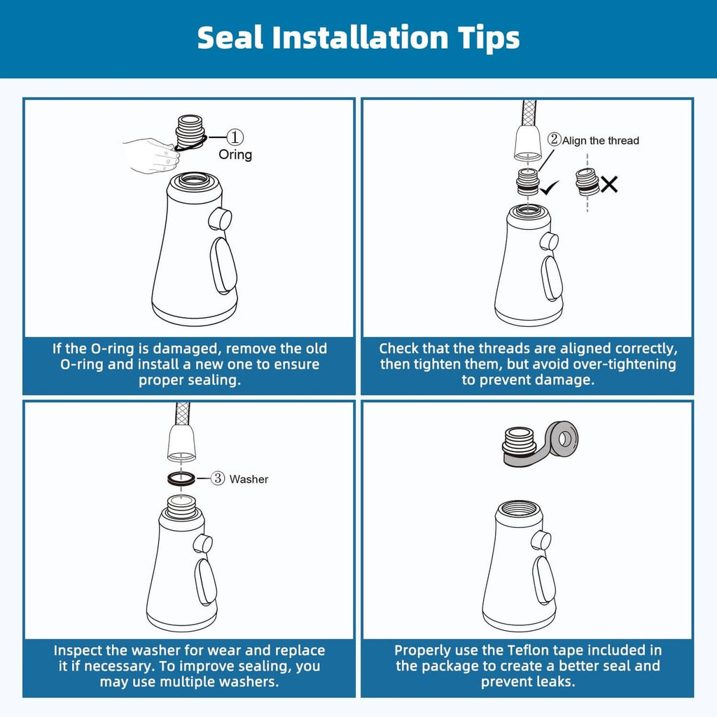Seal installation tips for faucet sprayer head with O-ring, washer, and Teflon tape
