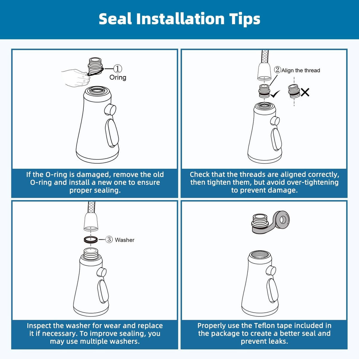Seal installation tips for faucet sprayer head with O-ring, washer, and Teflon tape