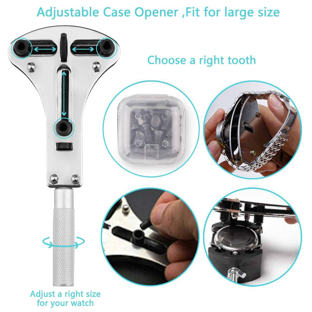 Adjustable watch case opener tool with multiple prongs for large case sizes