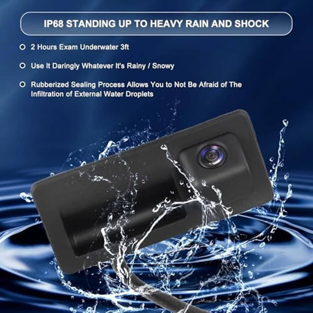 IP68 waterproof backup camera graphic with rain and shock protection