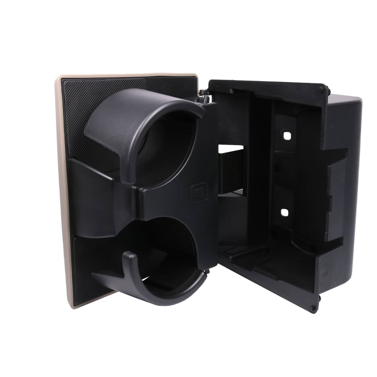 Black dashboard cup holder insert with one cup well visible and open side door