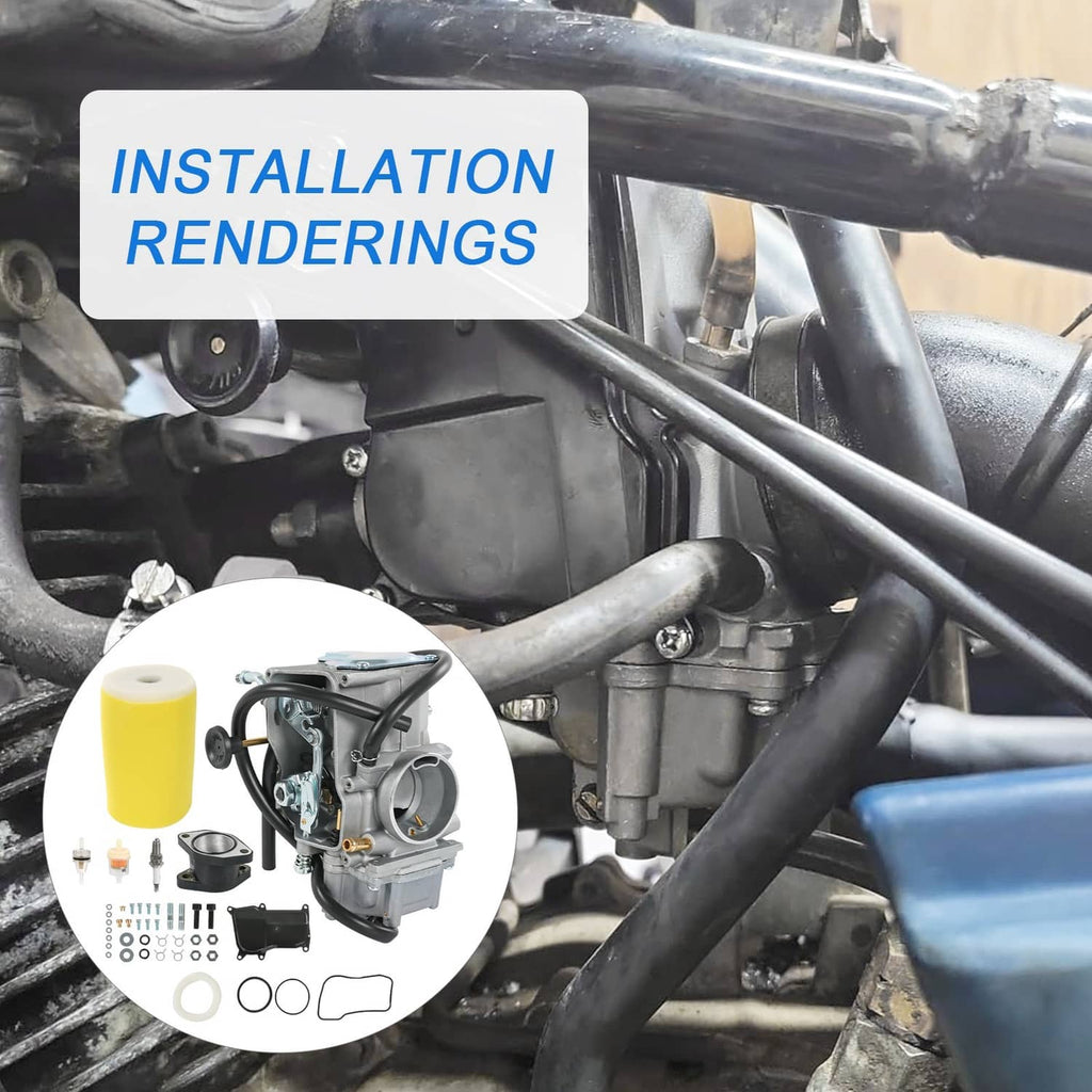Installed ATV carburetor with intake boot and connected hoses in engine bay