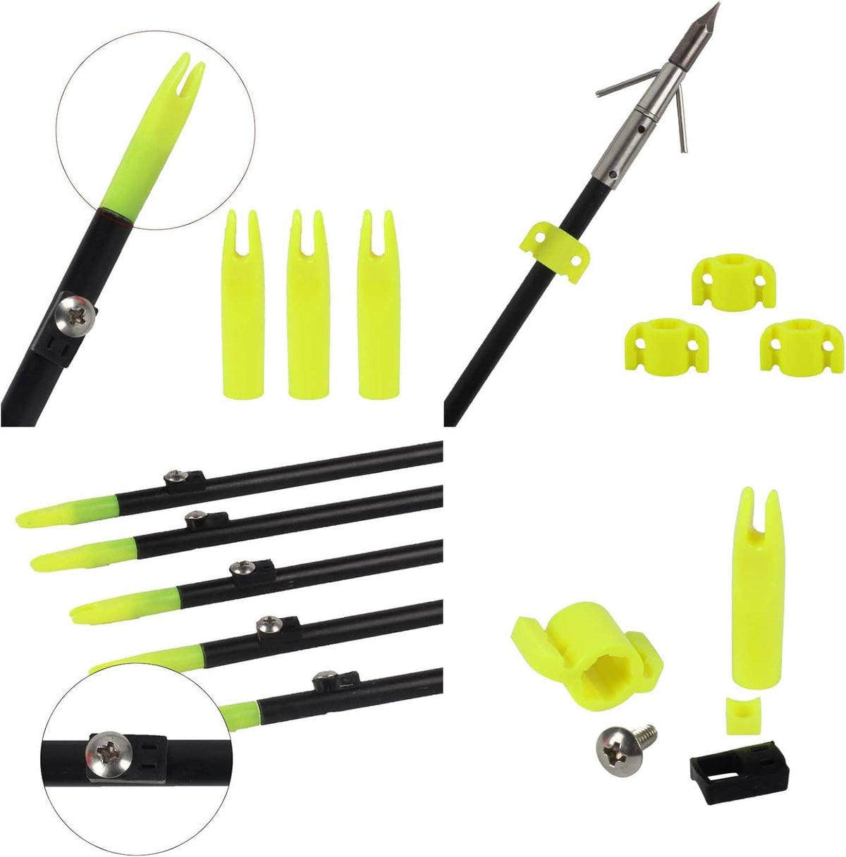Bowfishing arrow safety slides set with neon yellow nocks, black clips, and mounting screws