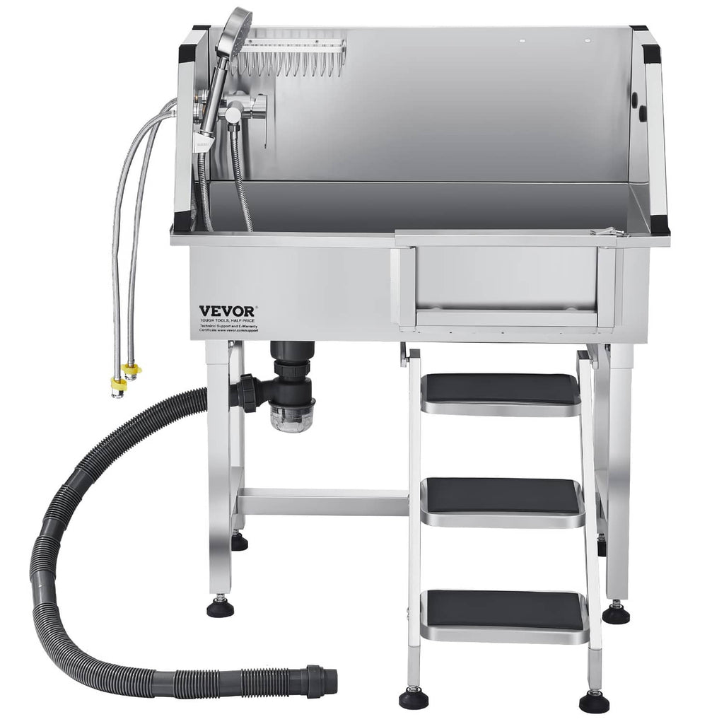 Stainless steel grooming tub station with faucet assembly and flexible drainage hose