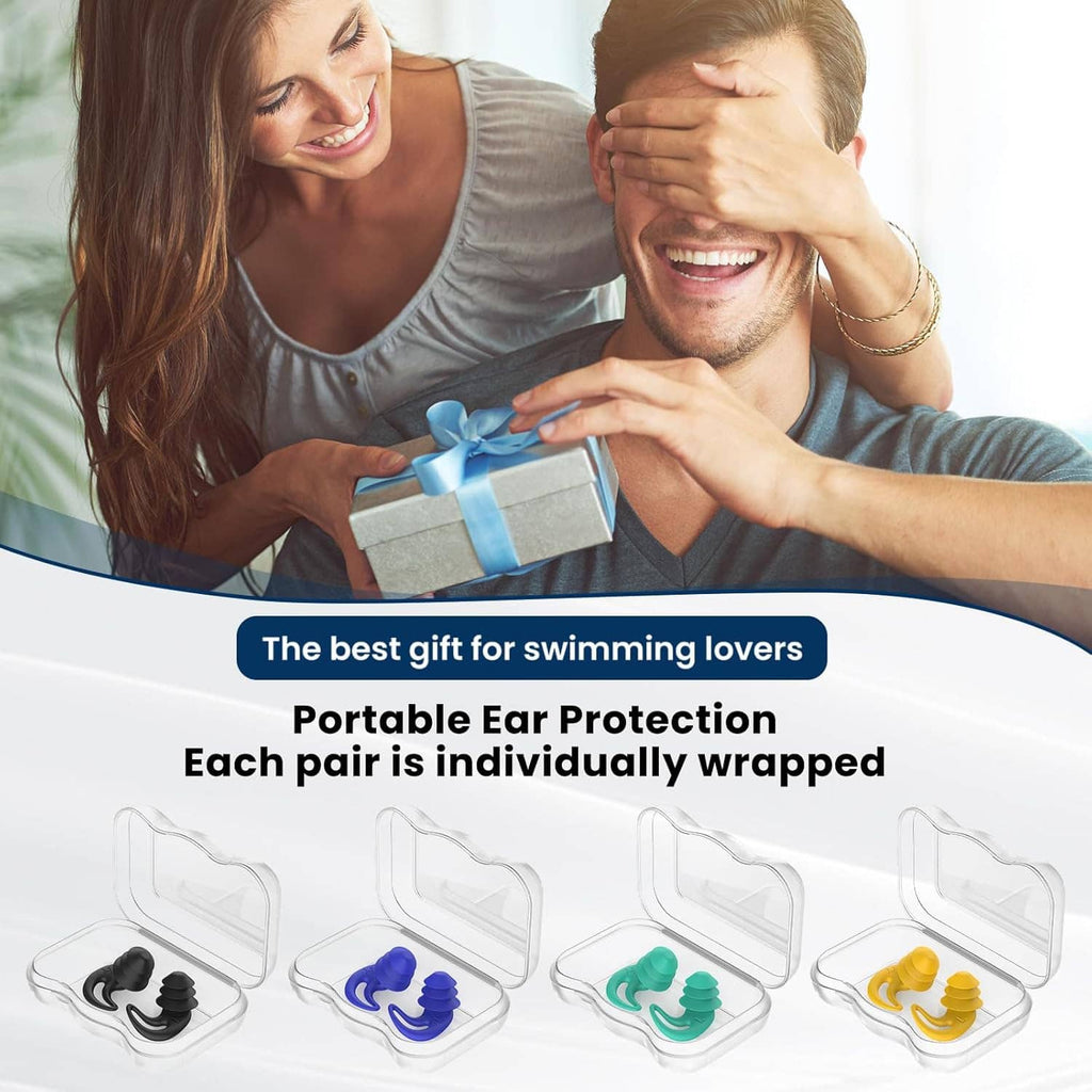 Portable set of wrapped silicone swimming ear plugs with gift-ready packaging