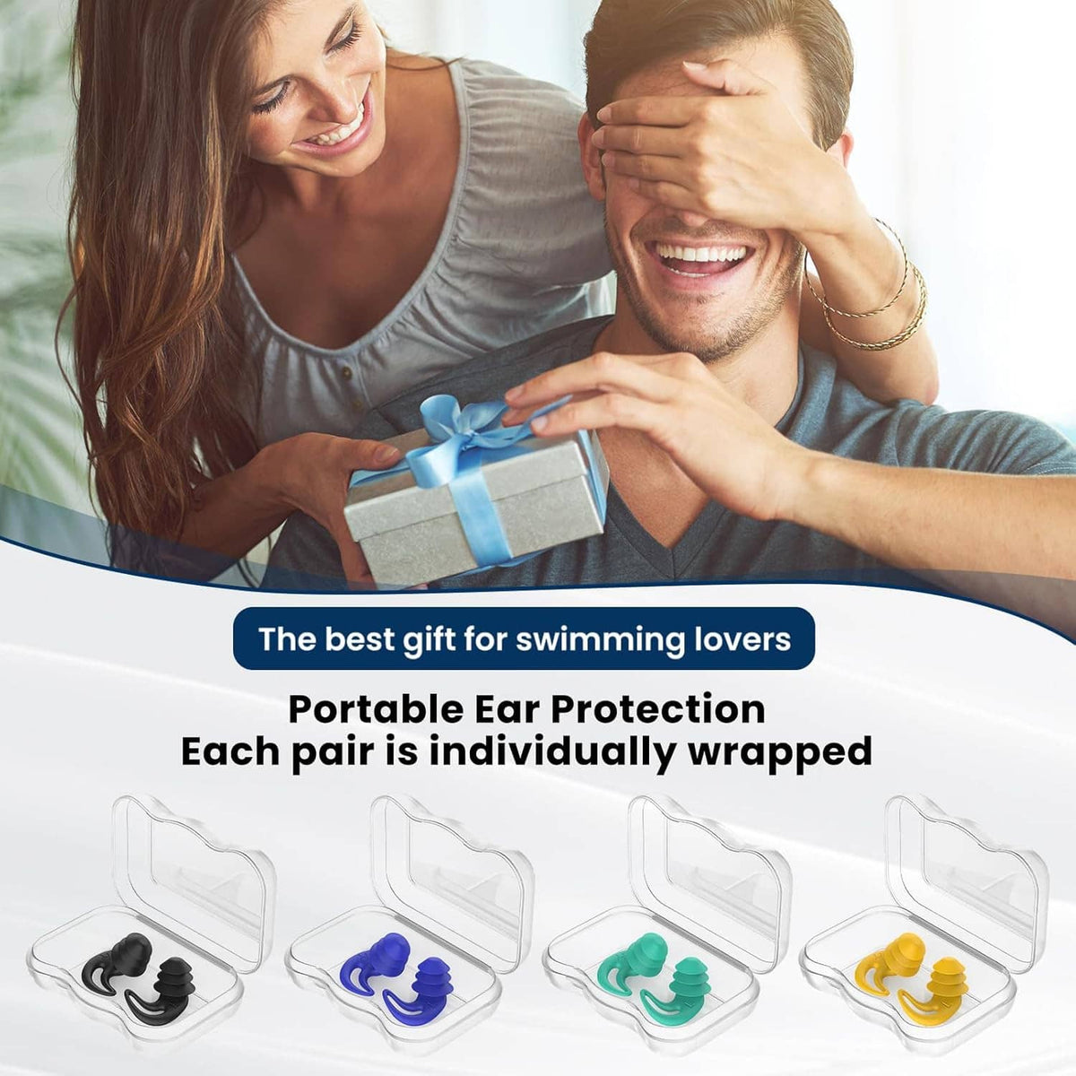 Portable set of wrapped silicone swimming ear plugs with gift-ready packaging