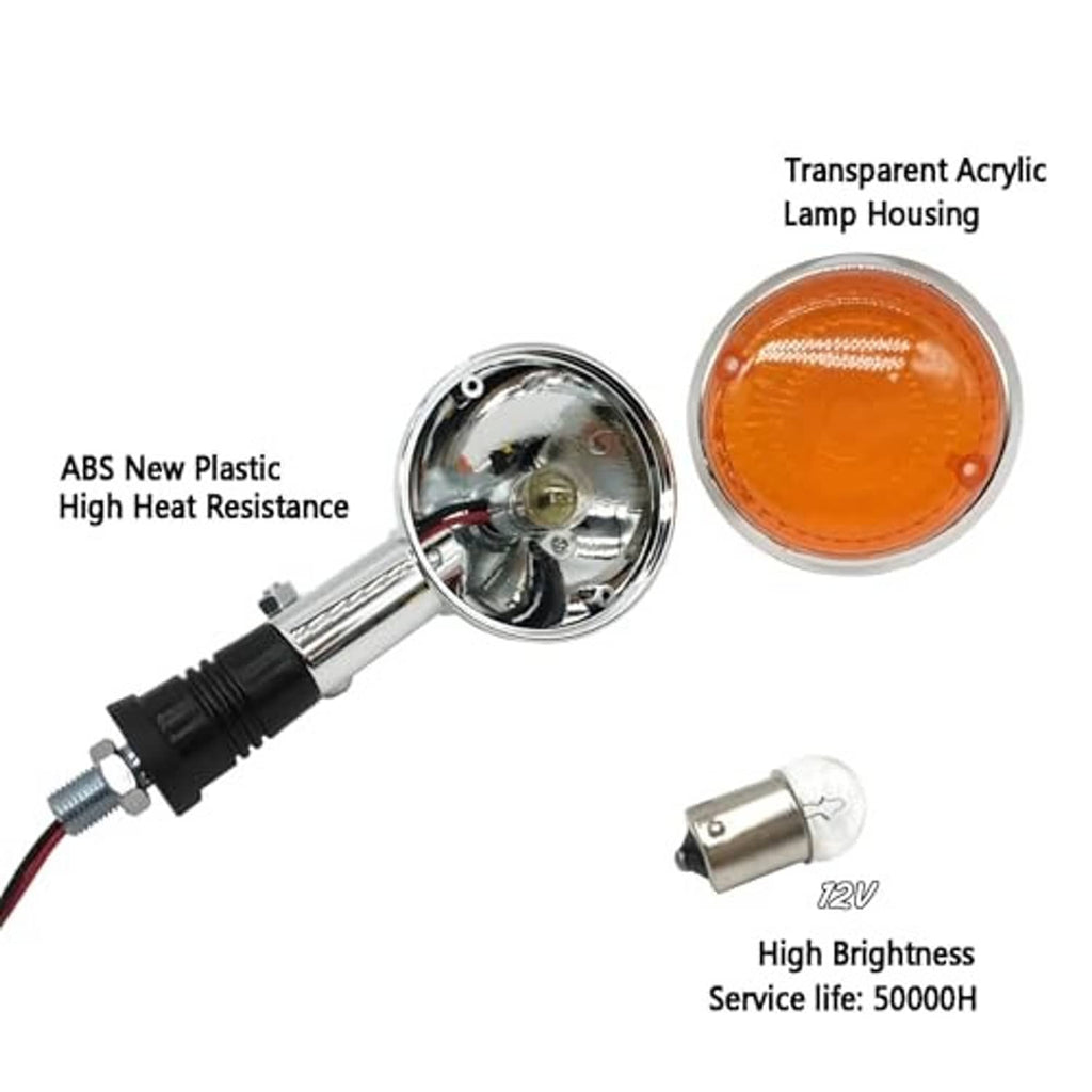 Amber-lens turn signal light with chrome housing, transparent cover, and black cable