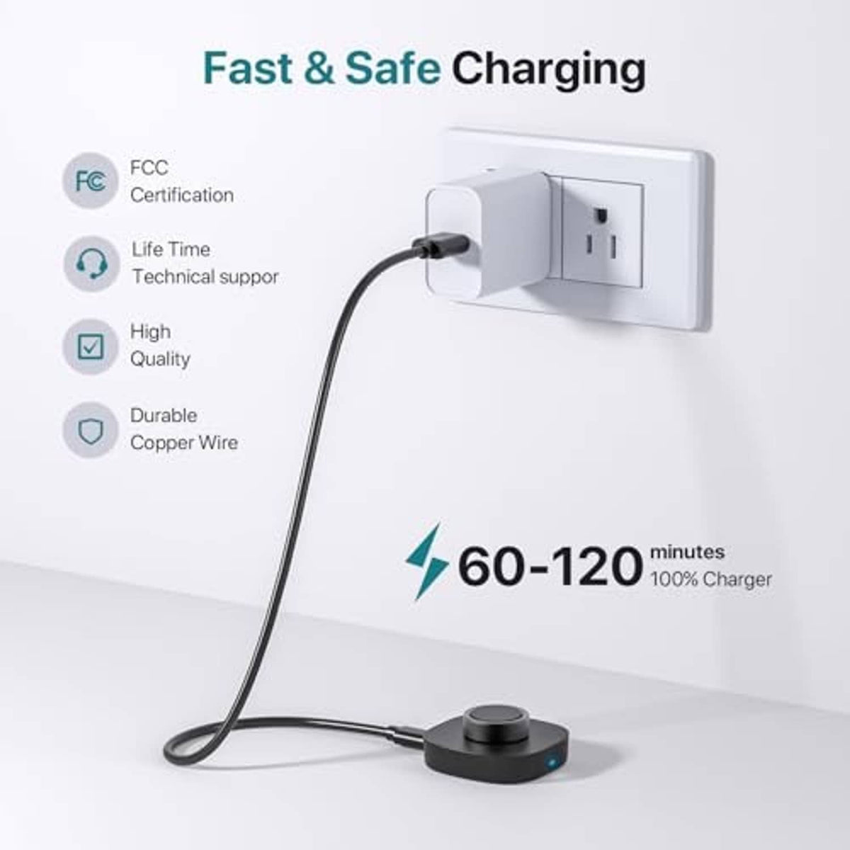 Black charging dock with attached cable and wall plug for power