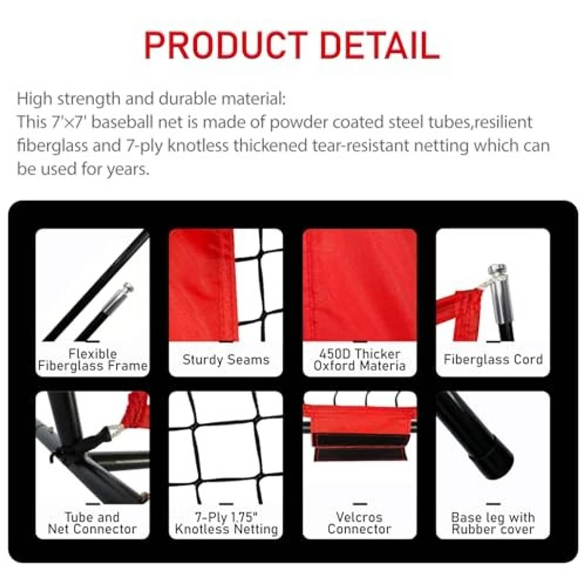 Training net detail view showing connectors, flexible frame, and net fabric panels