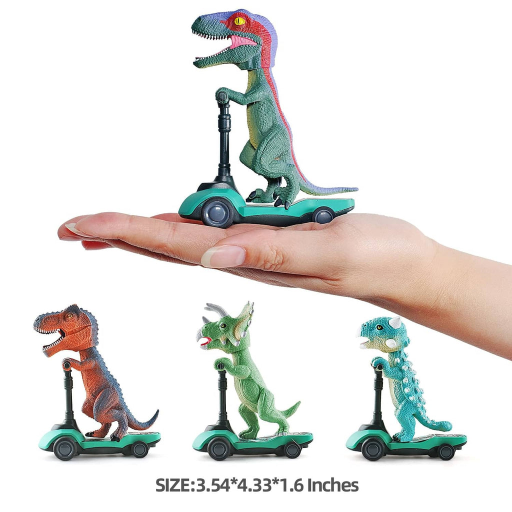 Hand holding a dinosaur finger scooter with orange T-Rex, teal base and pull-back wheels