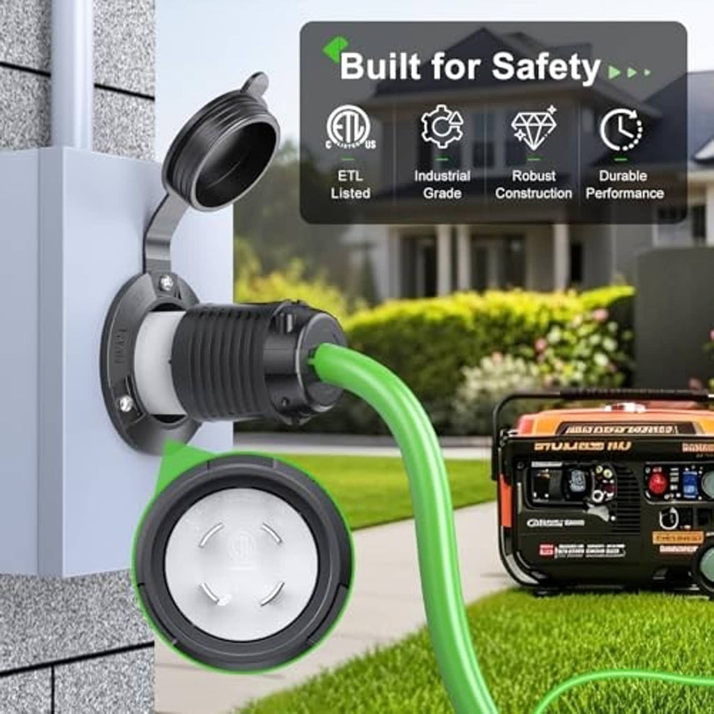 Flanged generator inlet plug on outdoor wall with attached green power cable