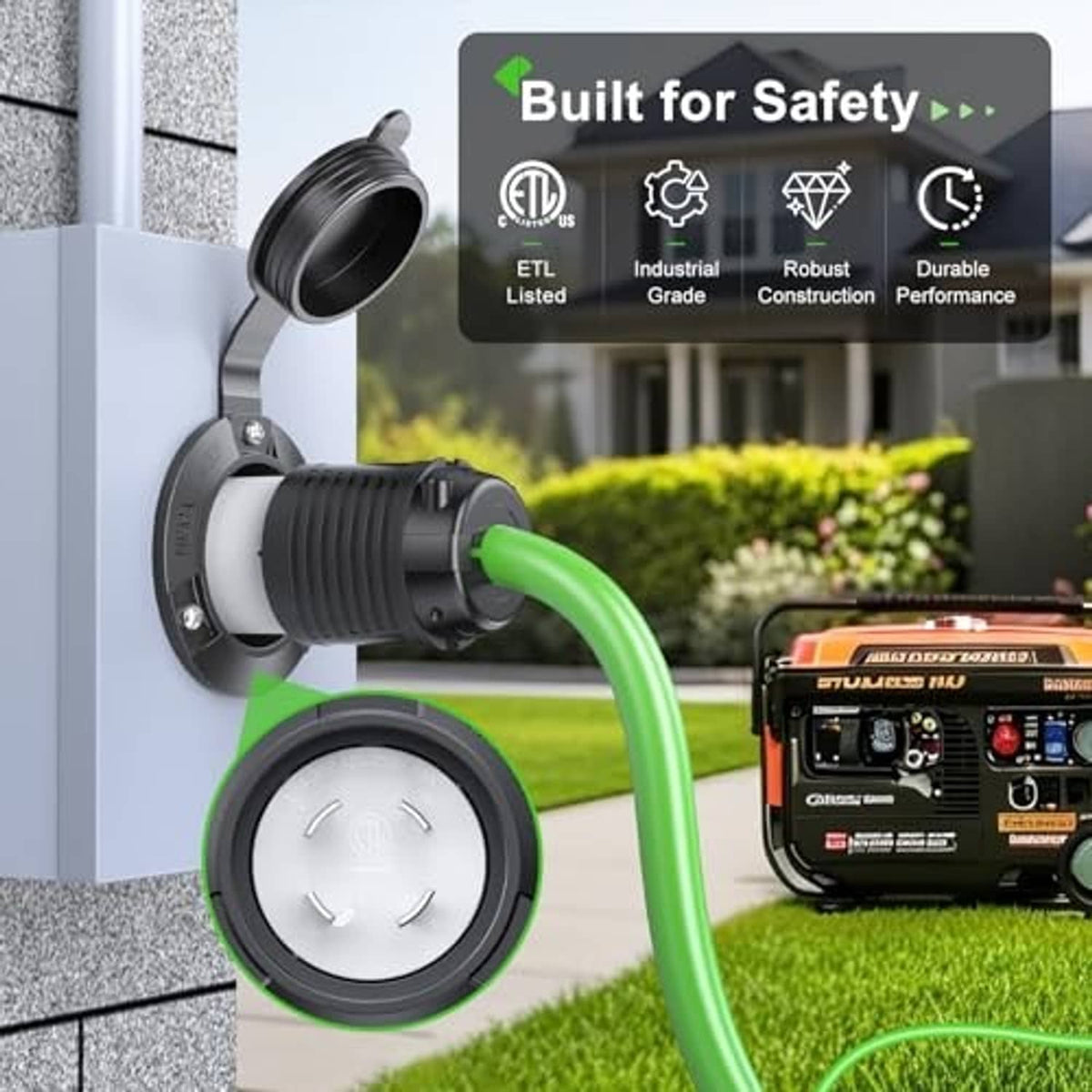 Flanged generator inlet plug on outdoor wall with attached green power cable