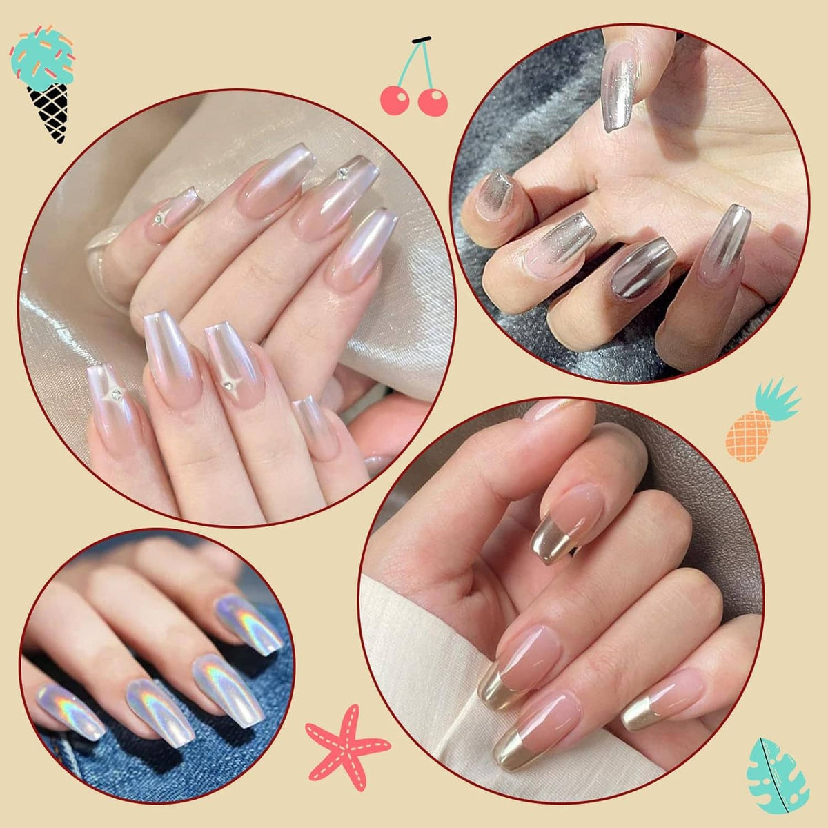Chrome nail swatch on fingers with metallic silver and holographic rainbow shine