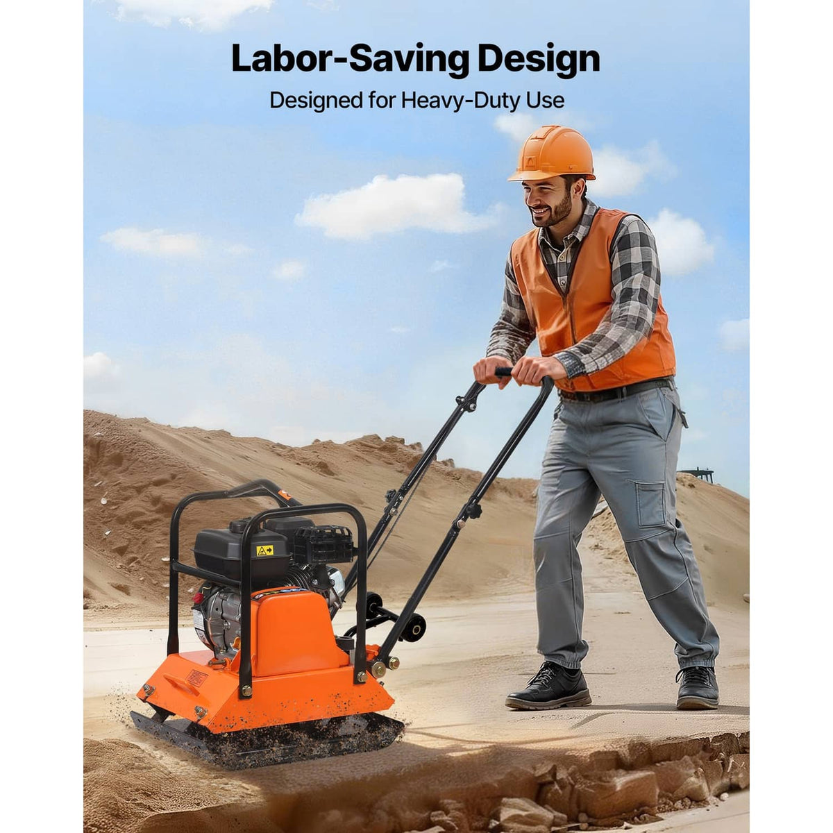 Orange and black plate compactor rammer with operator-ready handle and base