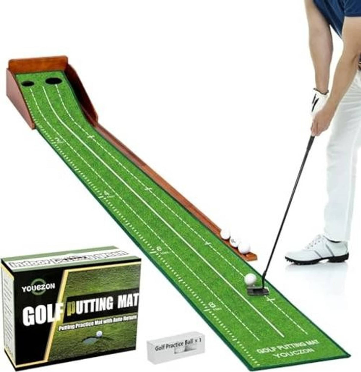 Green indoor putting mat set with two holes, practice balls and putter ball launcher