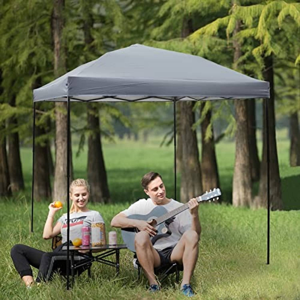 Gray pop-up canopy top on metal frame with open sides