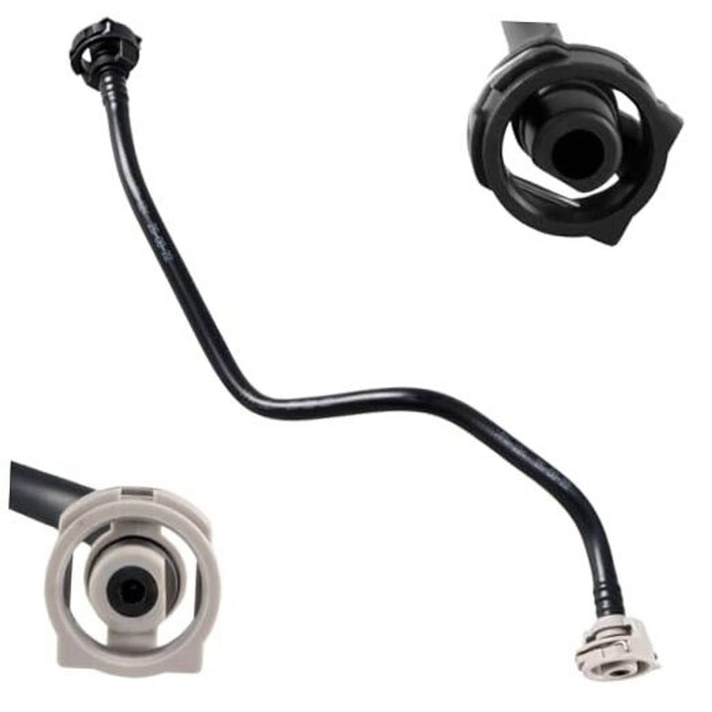 Engine coolant overflow vent tube with black hose and white/black connector ends