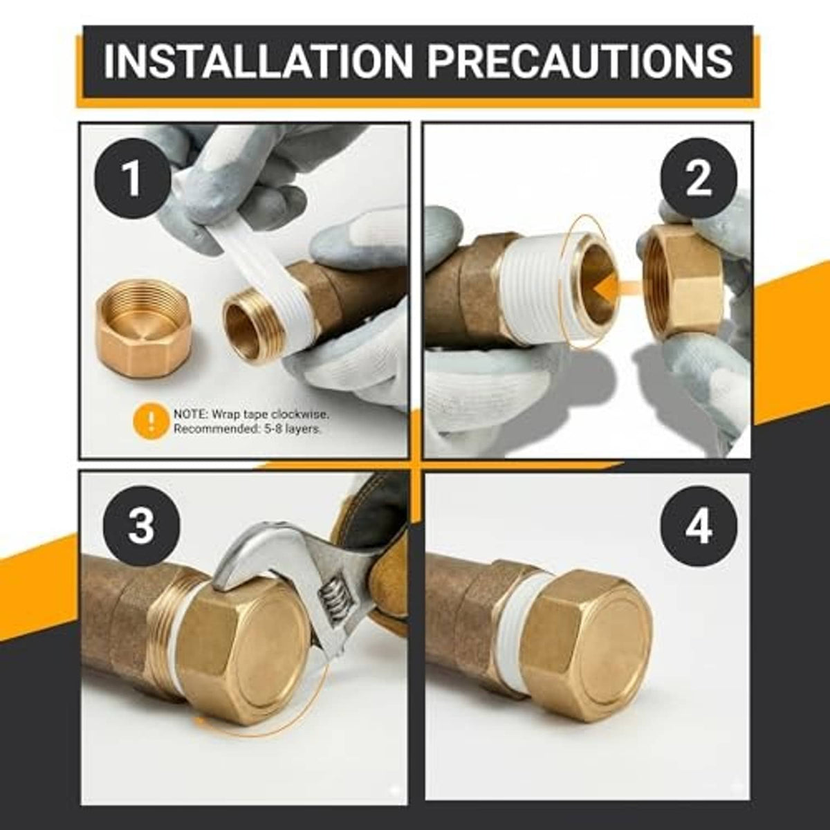 Brass pipe cap installation step showing threaded end and hex cap body