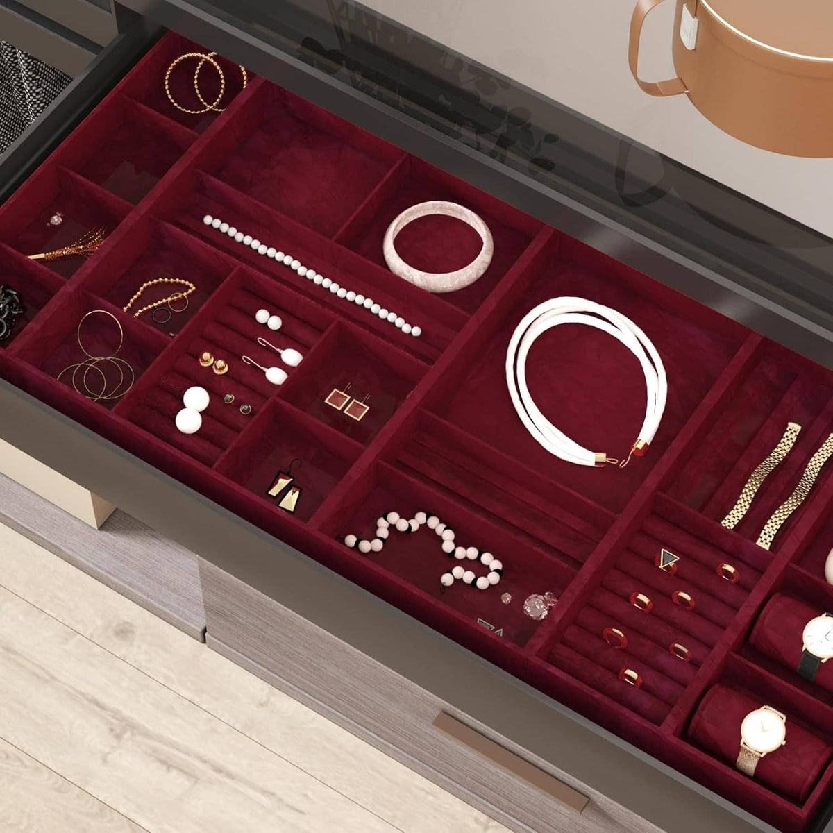 Dark red velvet flock liner sheet lining a jewelry storage drawer tray