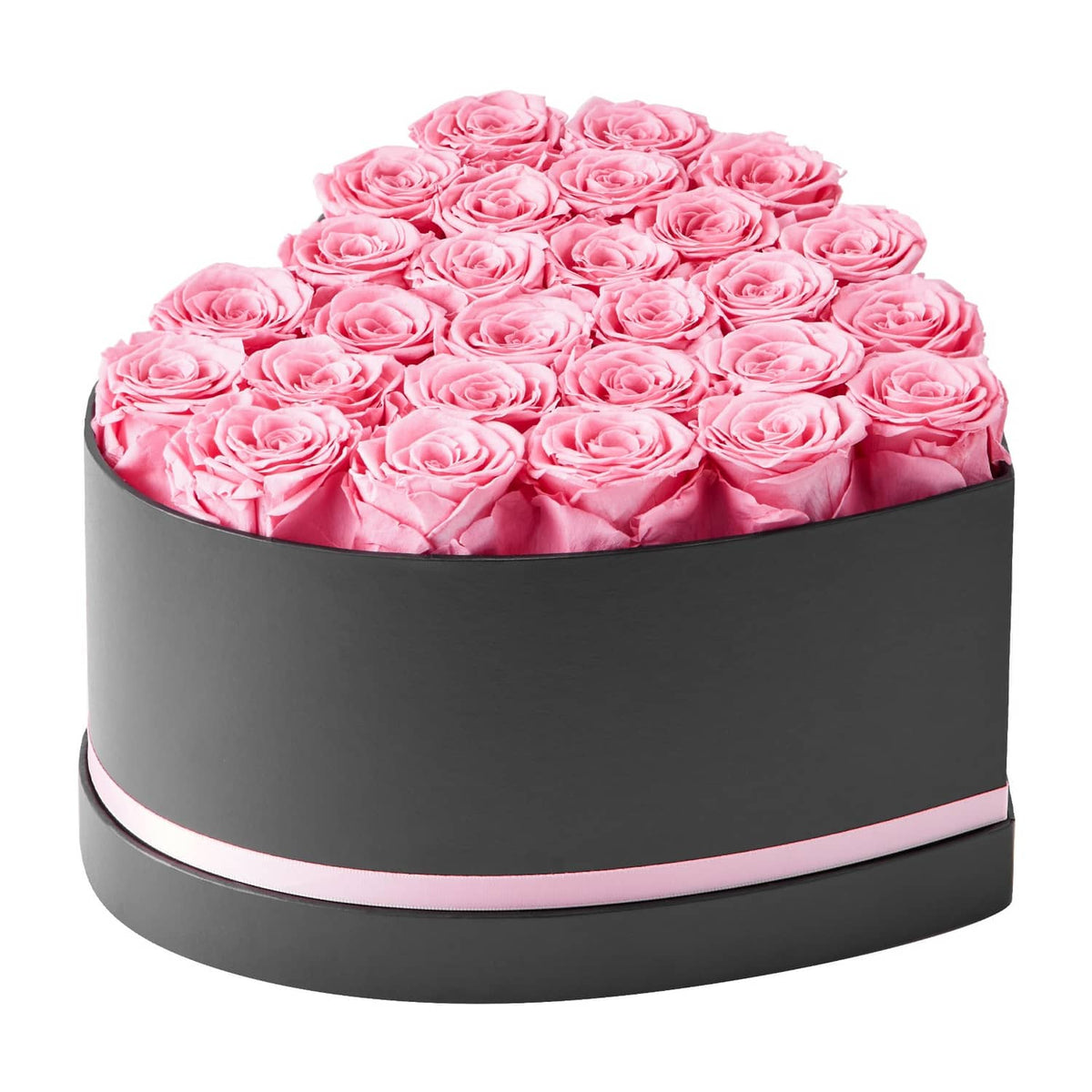 Preserved rose hatbox-style box with pink roses on top and pink ribbon trim