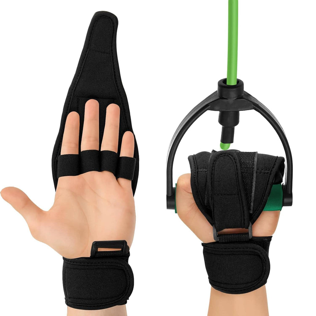 Black finger splint glove on hand with finger slots and green support frame