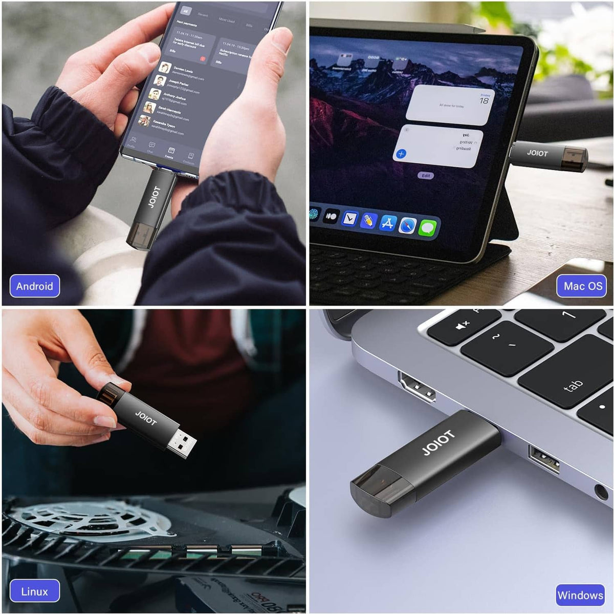 Dual USB flash drive inserted into smartphone USB port held in hand